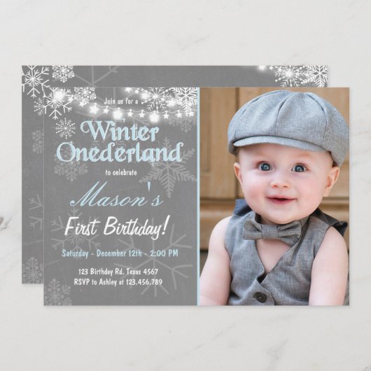 ウィンターオネダーランド誕生日パーティー招待状ボーイブルー 招待状 (正面/裏面)