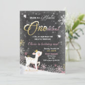 ウィンターオネダーランド誕生日招待状ピンク金ゴールド鹿 招待状 (スタンド正面)