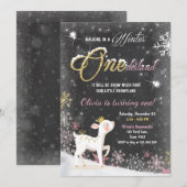 ウィンターオネダーランド誕生日招待状ピンク金ゴールド鹿 招待状 (正面/裏面)