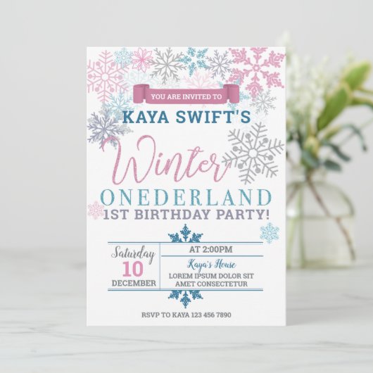 ウィンターオネダーランド誕生日招待状ピンク&ブルー 招待状 (スタンド正面)