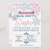 ウィンターオネダーランド誕生日招待状ピンク&ブルー 招待状 (正面/裏面)
