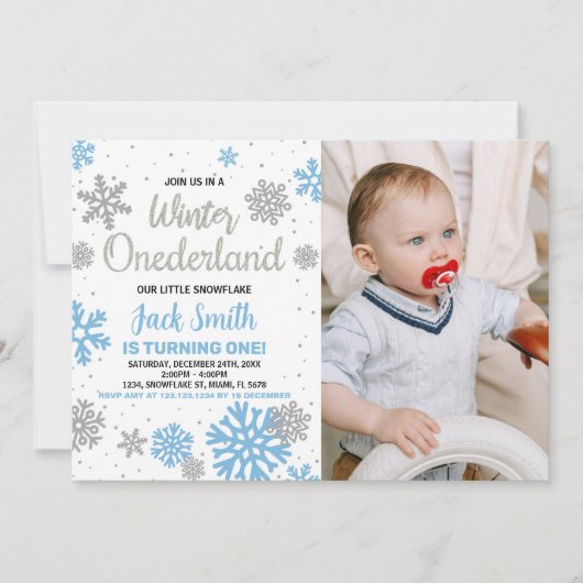 ウィンターオネダーランド誕生日招待状ブルーフォト 招待状 (正面)