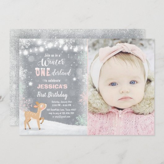 ウィンターオネダーランド誕生日招待状ミントピンクディアー 招待状 (正面/裏面)