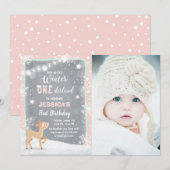 ウィンターオネダーランド誕生日招待状ミントピンクディアー 招待状 (正面/裏面)