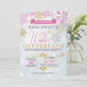 ウィンターオネダーランド誕生日招待状金ゴールド&ピンク 招待状 (スタンド正面)