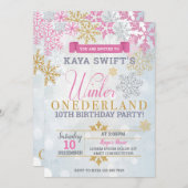 ウィンターオネダーランド誕生日招待状金ゴールド&ピンク 招待状 (正面/裏面)
