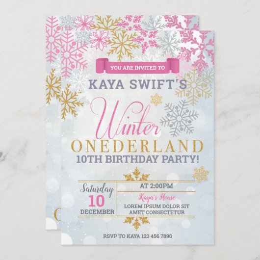 ウィンターオネダーランド誕生日招待状金ゴールド&ピンク 招待状 (正面/裏面)