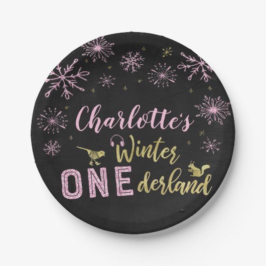 ウィンターオネダーランド誕生日紙プレート雪片 ペーパープレート (正面)