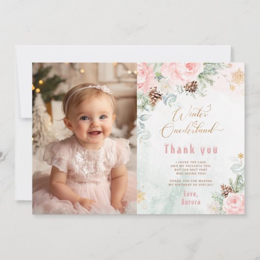 ウィンターオネダーランド赤面ピンクの写真サンキューカード 招待状 (正面)