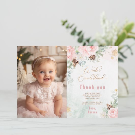 ウィンターオネダーランド赤面ピンクの写真サンキューカード 招待状 (スタンド正面)