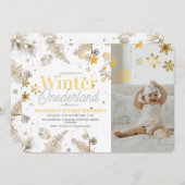 ウィンターオネダーランド金ゴールドとシルバー誕生日1st 招待状 (正面/裏面)