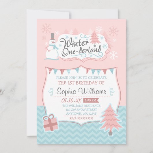 ウィンターオネダーランド雪だるまガール1st誕生日 招待状 (正面)