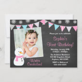 ウィンターオネダーランド雪だるまシャルボード1st誕生日 招待状 (正面)