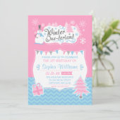 ウィンターオネダーランド雪だるまピンクブルー1st誕生日 招待状 (スタンド正面)