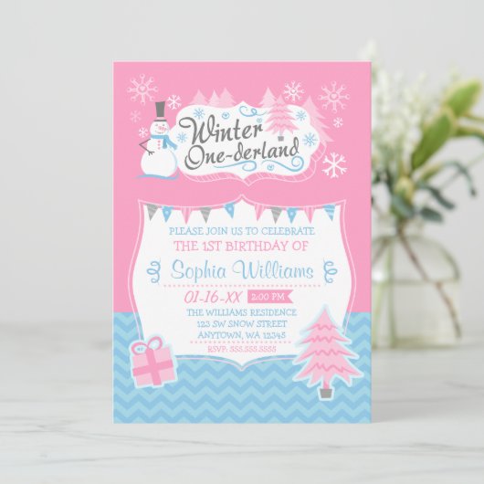 ウィンターオネダーランド雪だるまピンクブルー1st誕生日 招待状 (スタンド正面)