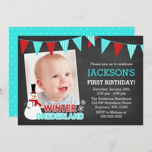 ウィンターオネダーランド雪だるまボーイ1st誕生日 招待状 (正面/裏面)