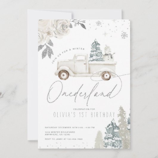 ウィンターオネダーランド雪だるま1st誕生日招待状 招待状 (正面)