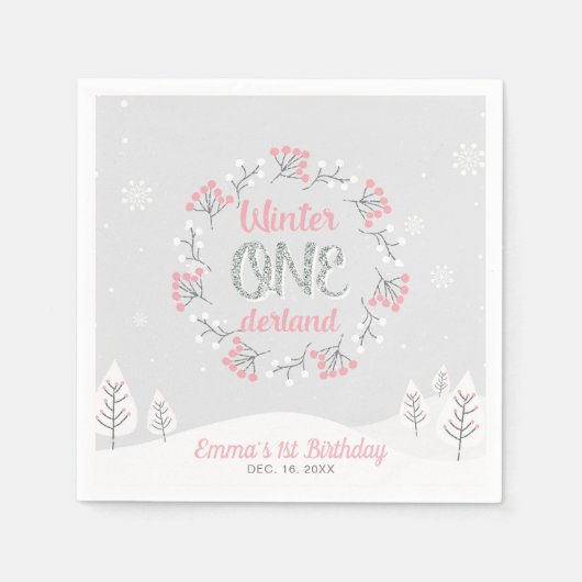ウィンターオネダーランド1st誕生日パーティーペーパーナプキン スタンダードカクテルナプキン (正面)