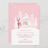 ウィンターオネダーランド1st誕生日パーティー招待状ピンク 招待状 (正面/裏面)
