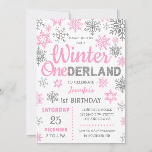 ウィンターオネダーランド |ピンクのスノーフレーク1歳の誕生日 招待状 (正面)