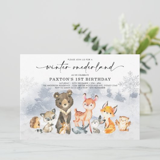 ウィンターオモダンネダーランドウッドランドフォレスト誕生日 招待状 (スタンド正面)
