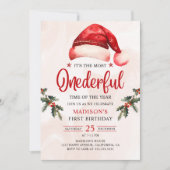 ウィンターオンダーフルクリスマスサンタハット誕生日 招待状 (正面)