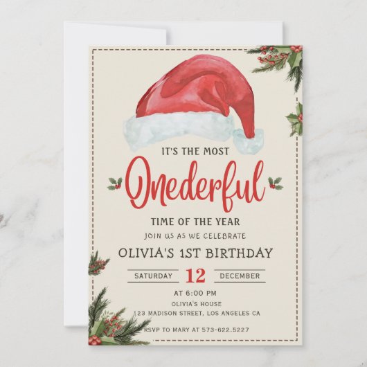 ウィンターオンダーフルクリスマスサンタハット誕生日 招待状 (正面)