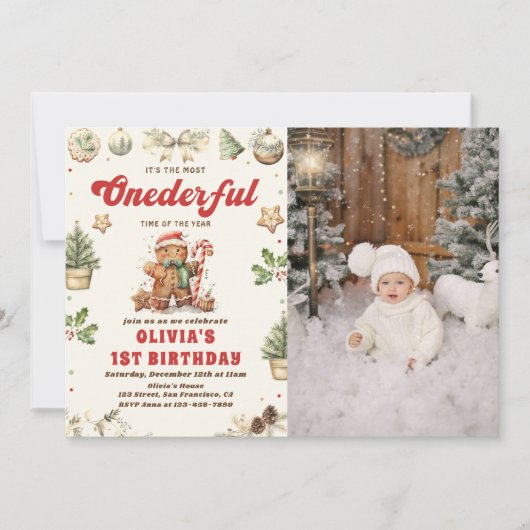 ウィンターオンダーフルグリーンクリスマスクッキー誕生日 招待状 (正面)