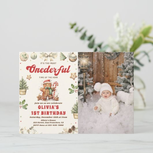 ウィンターオンダーフルグリーンクリスマスクッキー誕生日 招待状 (スタンド正面)
