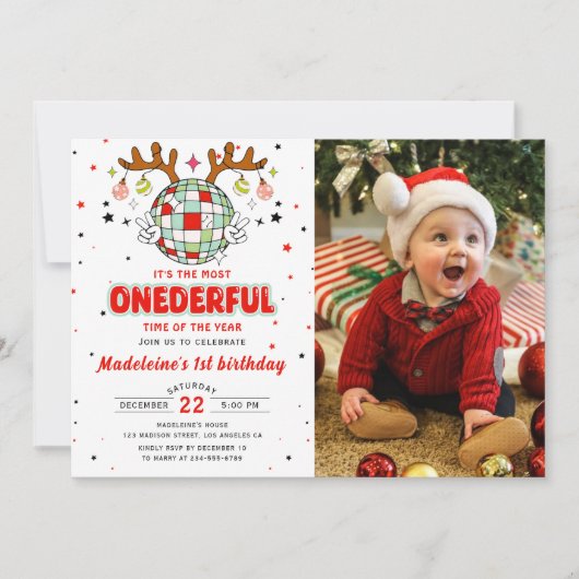 ウィンターオンダーフルレトロクリスマス誕生日写真 招待状 (正面)