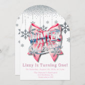 ウィンターオンダーランドの女の子の1歳誕生日パーティーの景品 招待状 (正面/裏面)
