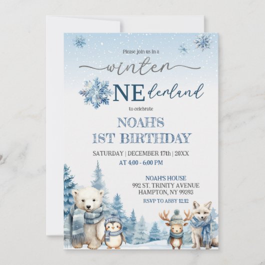 ウィンターオンダーランドアーチックアニマルズファースト誕生日 招待状 (正面)