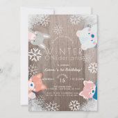 ウィンターオンダーランドウッドランドアニマルズピンク誕生日 招待状 (正面)