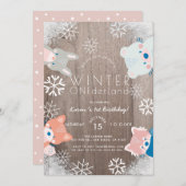 ウィンターオンダーランドウッドランドアニマルズピンク誕生日 招待状 (正面/裏面)