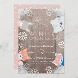 ウィンターオンダーランドウッドランドアニマルズピンク誕生日 招待状