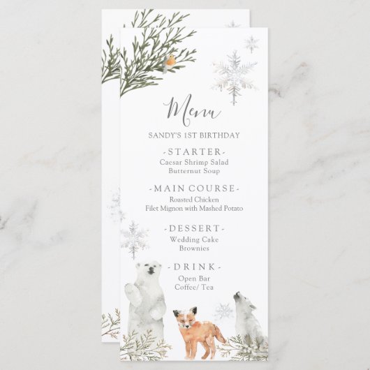 ウィンターオンダーランドウッドランドアニマルファースト誕生日 メニュー (正面/裏面)