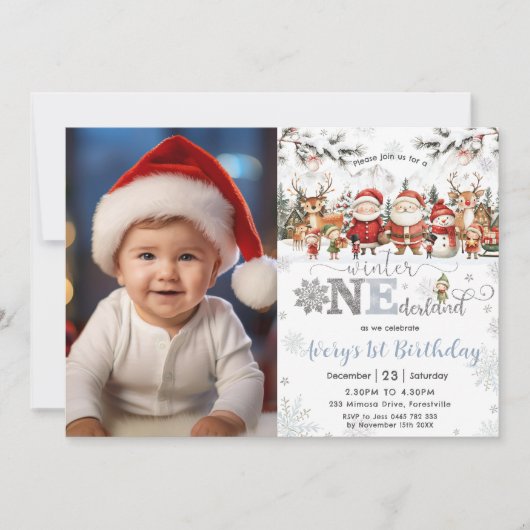 ウィンターオンダーランドクリスマスサンタ小妖精や小人1st Birthday 招待状 (正面)