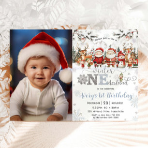 ウィンターオンダーランドクリスマスサンタ小妖精や小人1st Birthday 招待状
