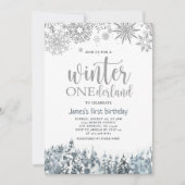 ウィンターオンダーランドシルバースノーフレーク1歳誕生日 招待状 (正面)