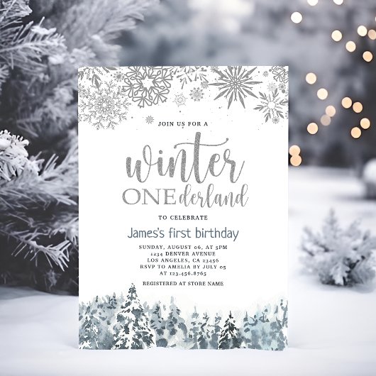 ウィンターオンダーランドシルバー雪片1st誕生日 招待状