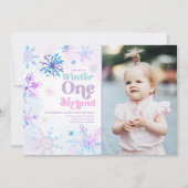 ウィンターオンダーランドスノーフレークスガールファースト誕生日 招待状 (正面)