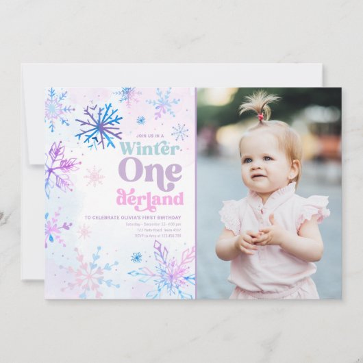 ウィンターオンダーランドスノーフレークスガールファースト誕生日 招待状 (正面)