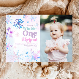 ウィンターオンダーランドスノーフレークスガールファースト誕生日 招待状