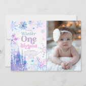 ウィンターオンダーランドスノーフレークスキャッスルガール誕生日 招待状 (正面)