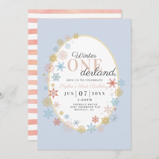 ウィンターオンダーランドスノーフレークファースト誕生日 招待状 (正面/裏面)