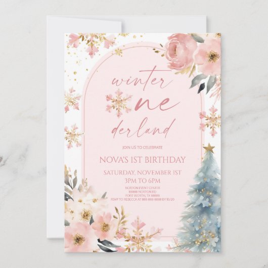 ウィンターオンダーランドスノーフレーク1st誕生日パーティー 招待状 (正面)