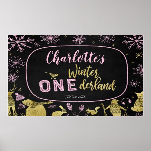 ウィンターオンダーランドバナーグリッターピンクスノーフレーク ポスター (正面)