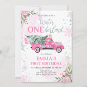 ウィンターオンダーランドピンクトラックガールファースト誕生日 招待状 (正面)
