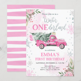 ウィンターオンダーランドピンクトラックガールファースト誕生日 招待状