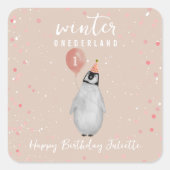 ウィンターオンダーランドピンクバルーンペンギン誕生日 スクエアシール (正面)